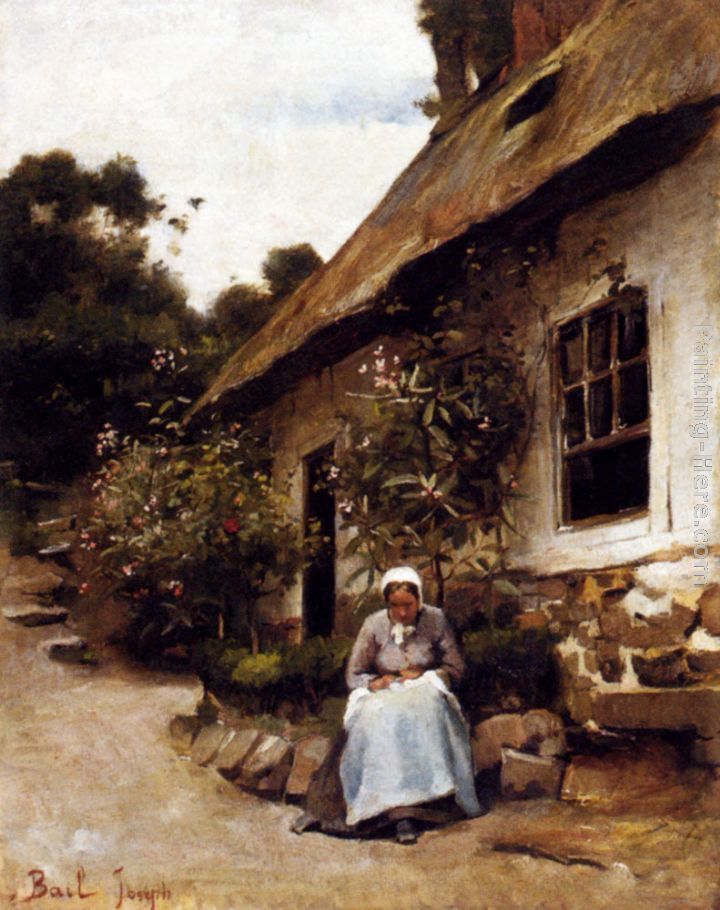 Woman Sewing In Front Of Her Cottage painting - Claude Joseph Bail Woman Sewing In Front Of Her Cottage art painting